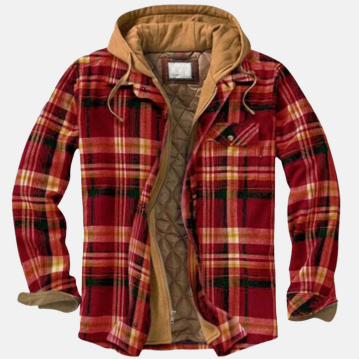 Men's checked quilted shirt jacket with hood and long sleeves