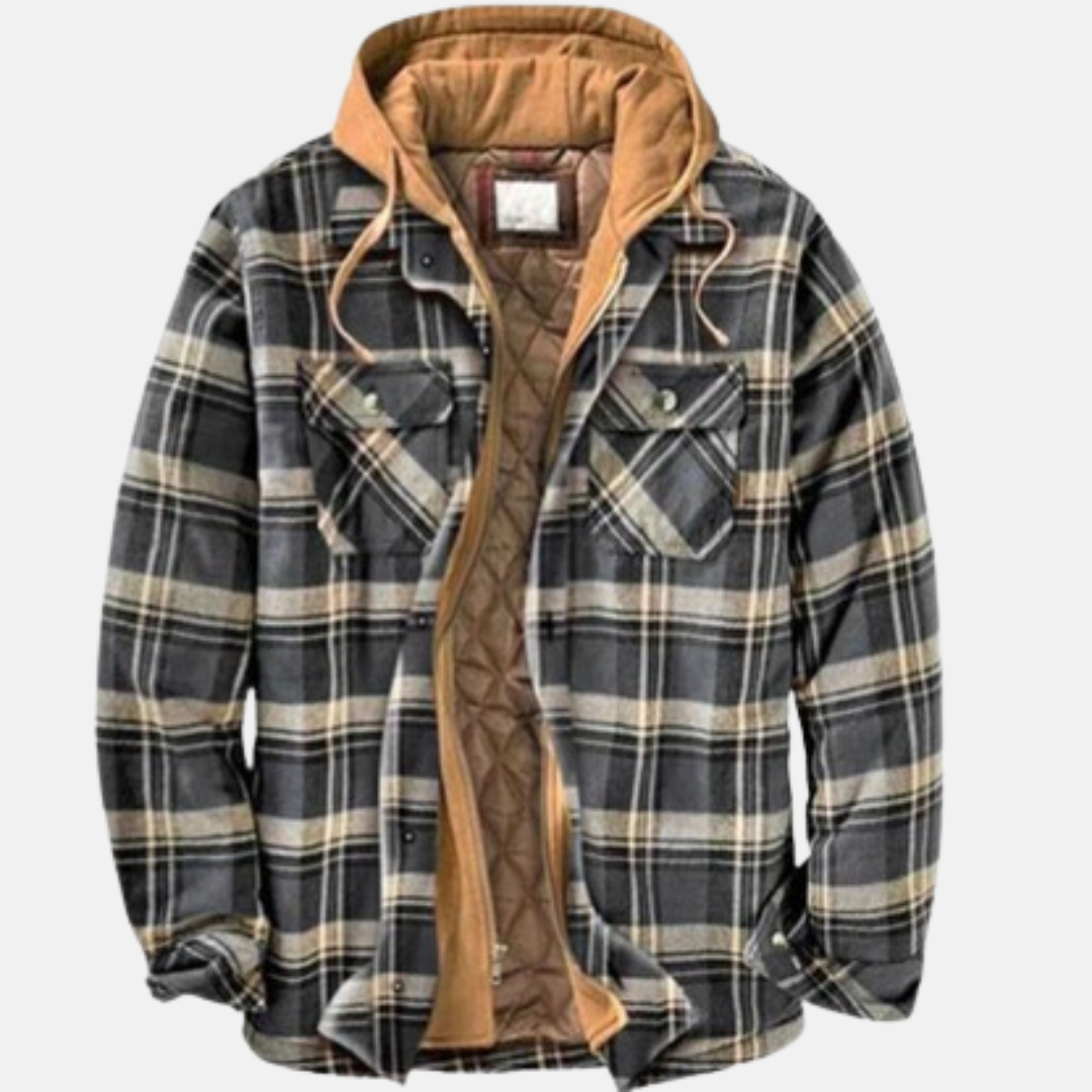 Men's checked quilted shirt jacket with hood and long sleeves