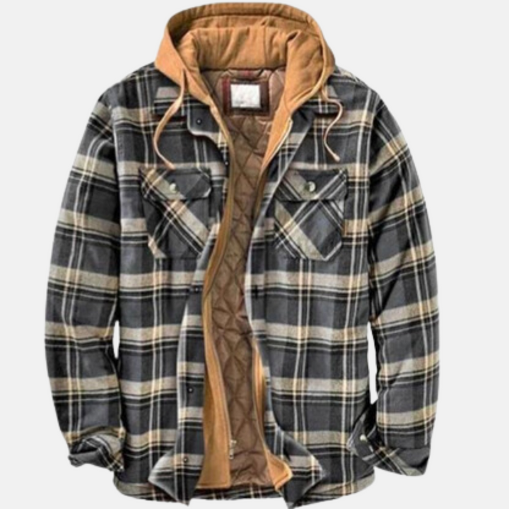 Men's checked quilted shirt jacket with hood and long sleeves