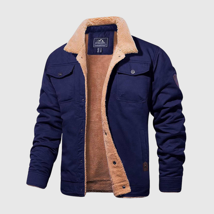 Men's utility jacket with contrast textured collar, button front and flap pockets