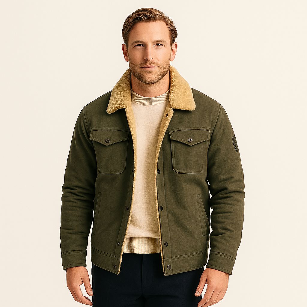 Men's utility jacket with contrast textured collar, button front and flap pockets