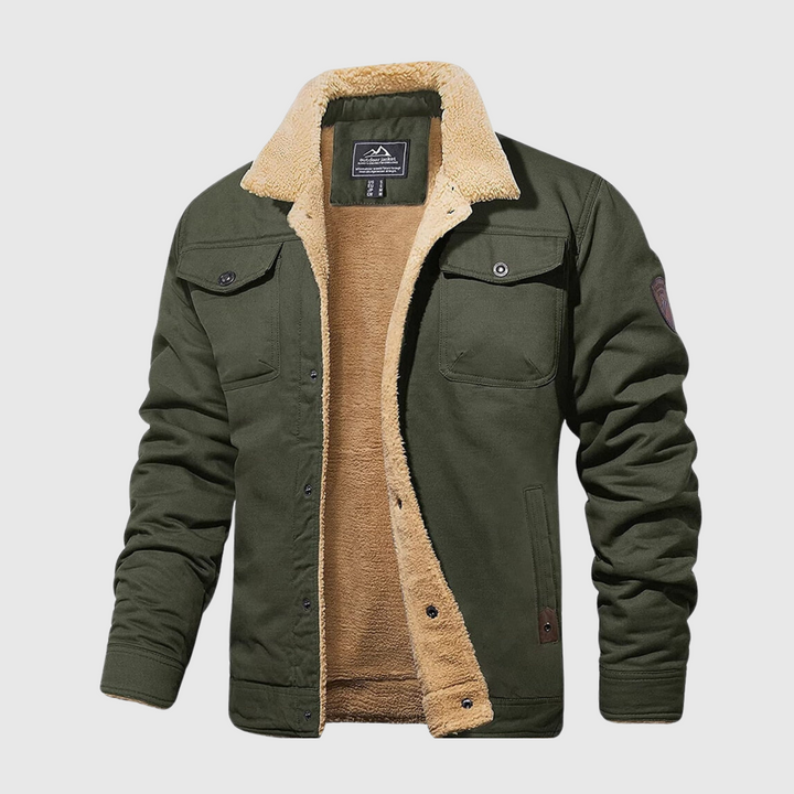 Men's utility jacket with contrast textured collar, button front and flap pockets