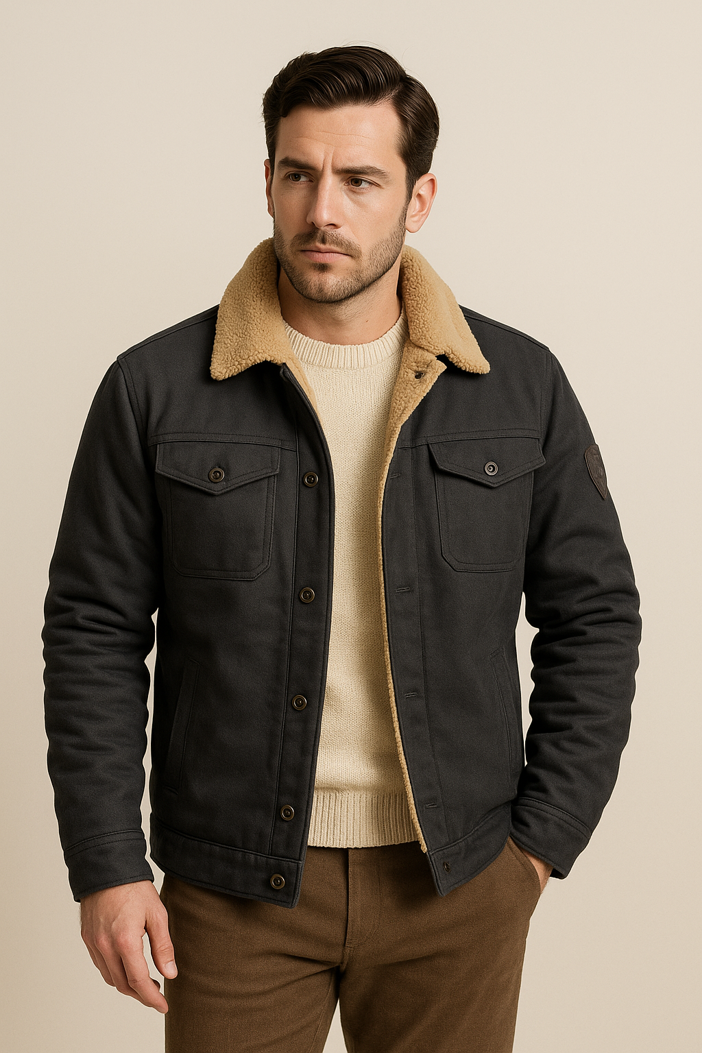 Men's utility jacket with contrast textured collar, button front and flap pockets
