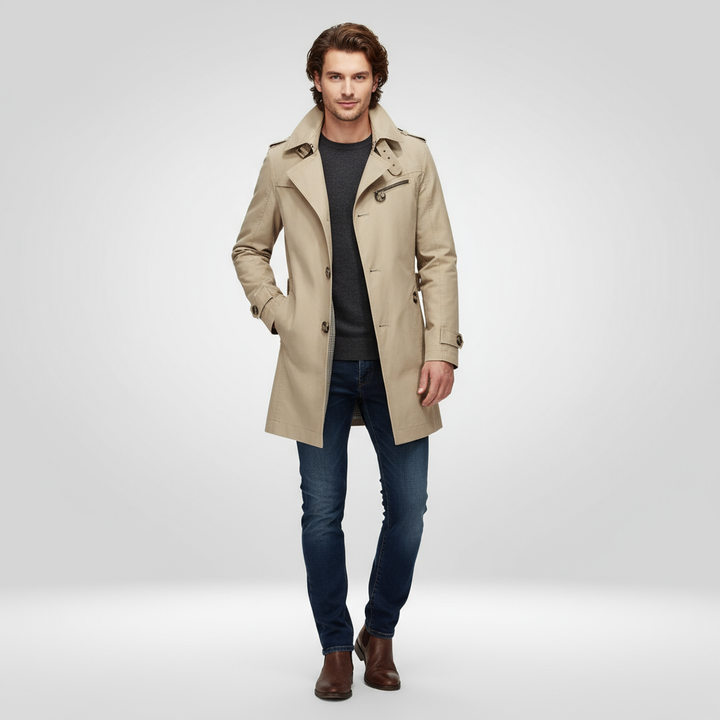 Men's belted trench coat with button front, long sleeves and checked lining
