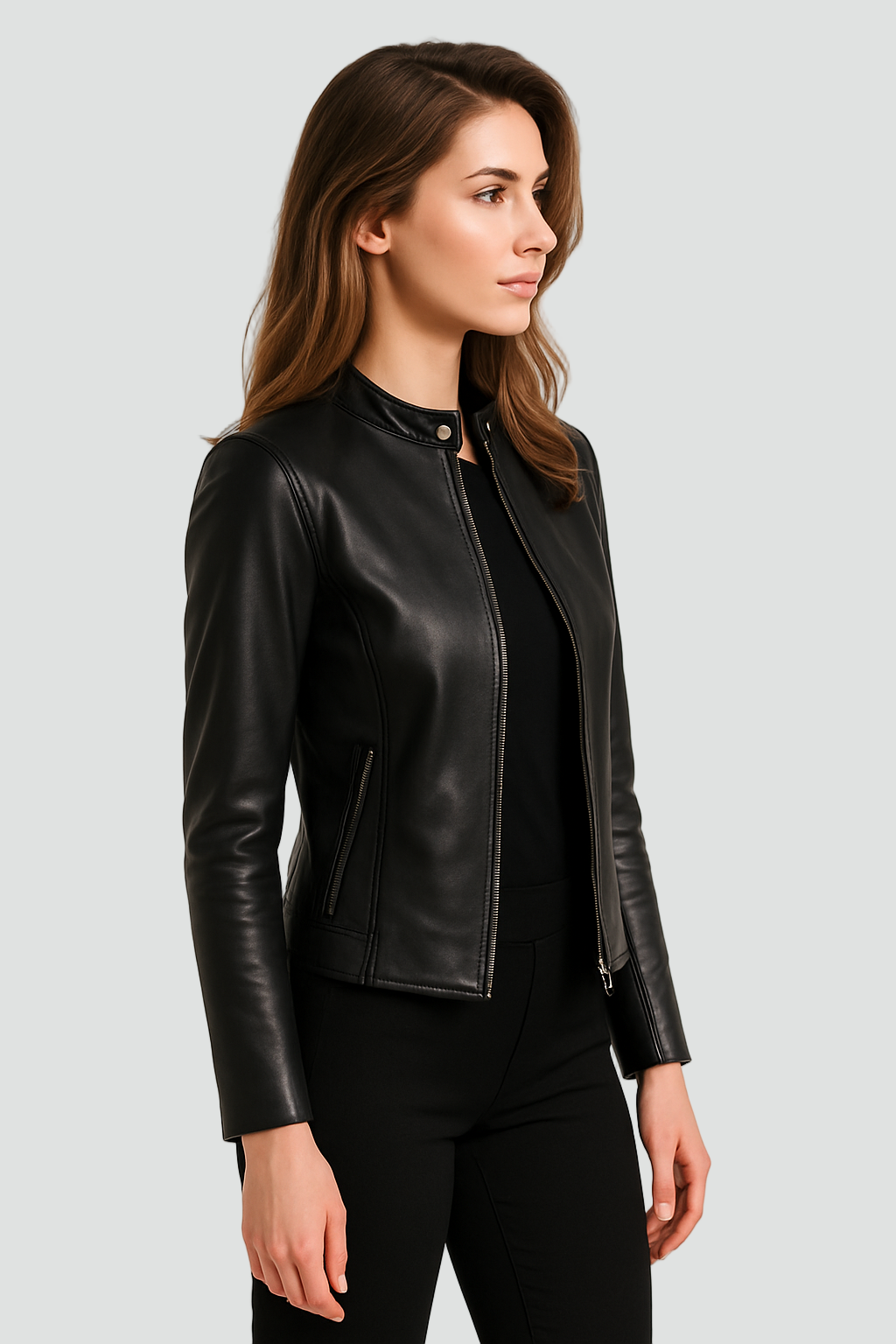 Women's short jacket with mandarin collar, long sleeves, front zip and zipped pockets