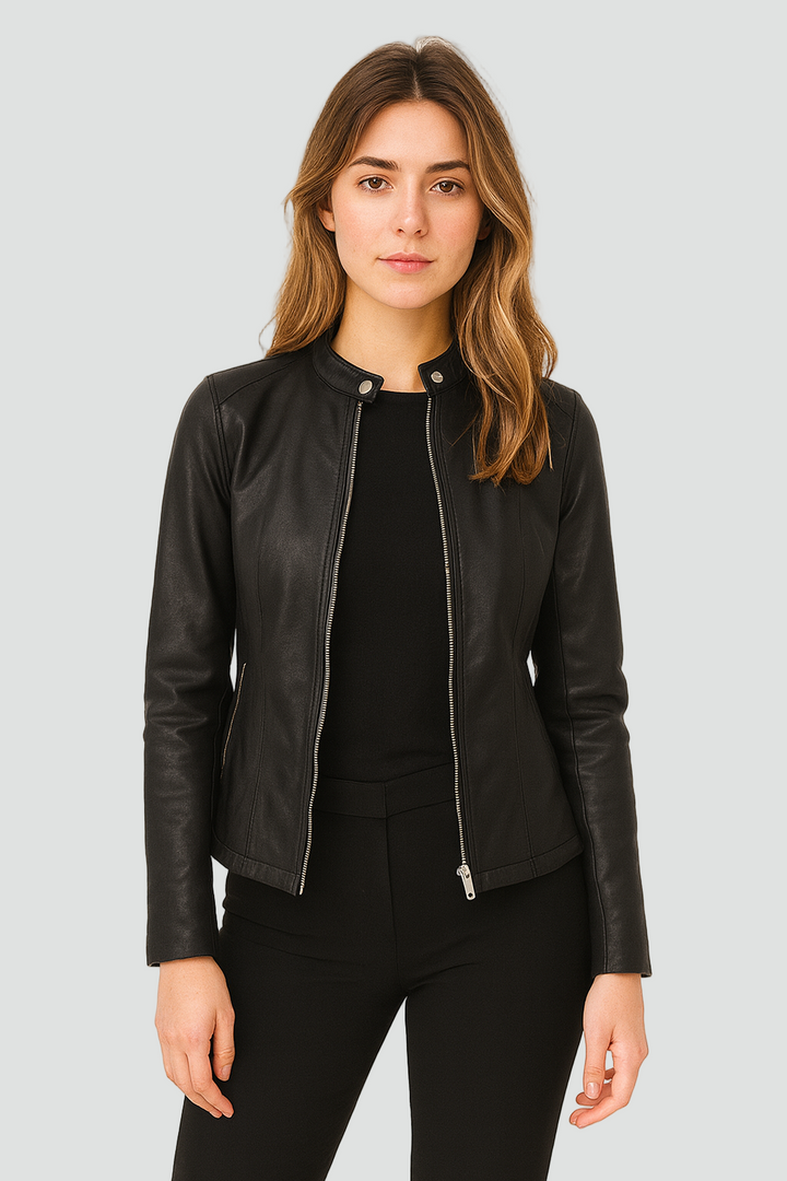 Women's short jacket with mandarin collar, long sleeves, front zip and zipped pockets