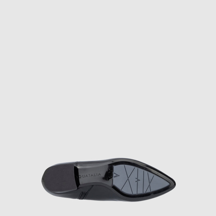 Women's black pointed toe ankle boots with side zips and low heels