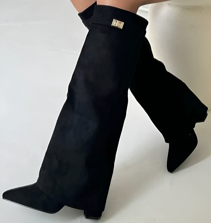 Women's knee high pointed toe boots with block heels and buckle straps