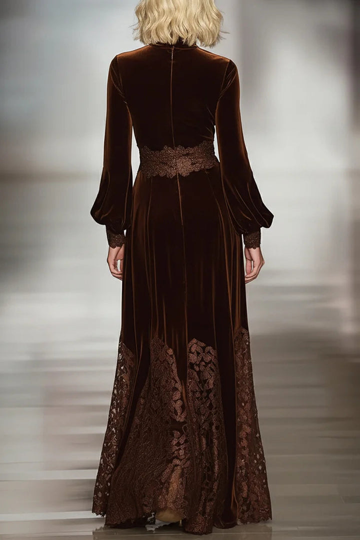 Women's brown velvet maxi dress with turtleneck, balloon sleeves and lace hem panels