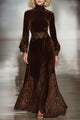 Women's brown velvet maxi dress with turtleneck, balloon sleeves and lace hem panels