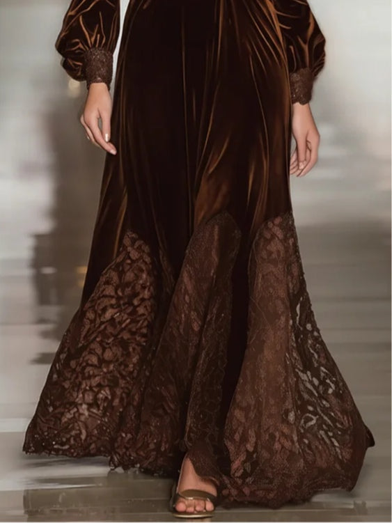 Women's brown velvet maxi dress with turtleneck, balloon sleeves and lace hem panels