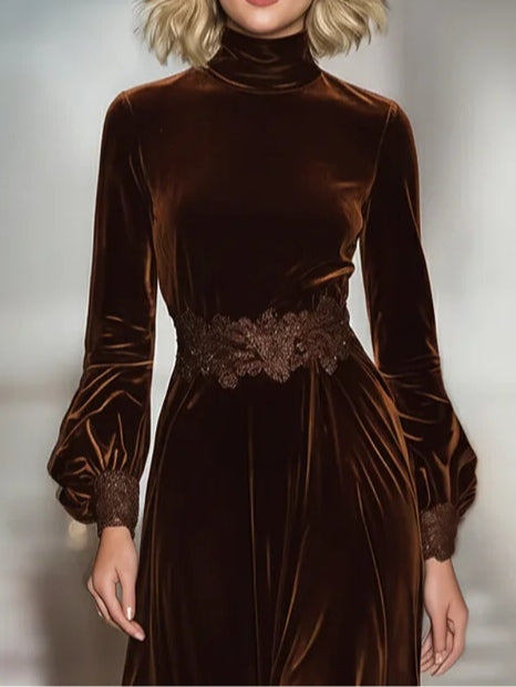 Women's brown velvet maxi dress with turtleneck, balloon sleeves and lace hem panels