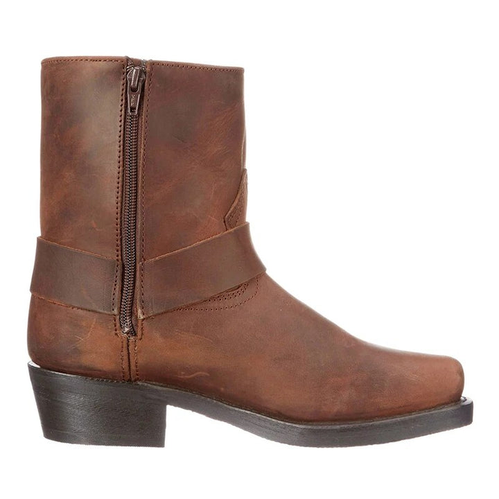Men's western cowboy boots with side straps, metal studs and low block heel