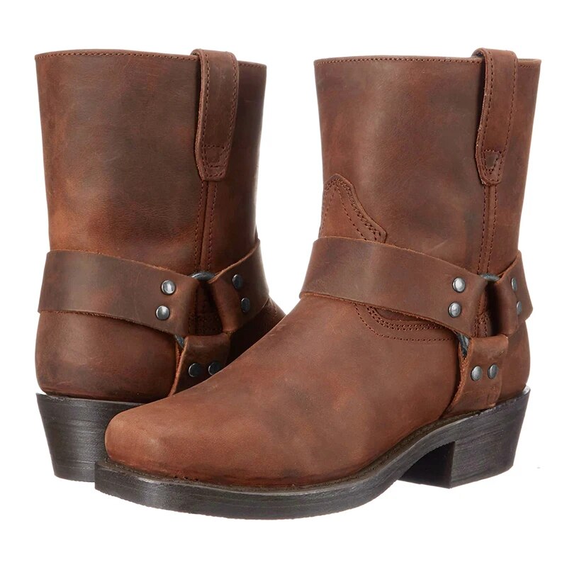 Men's western cowboy boots with side straps, metal studs and low block heel