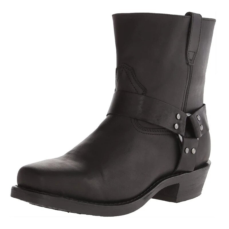 Men's western cowboy boots with side straps, metal studs and low block heel