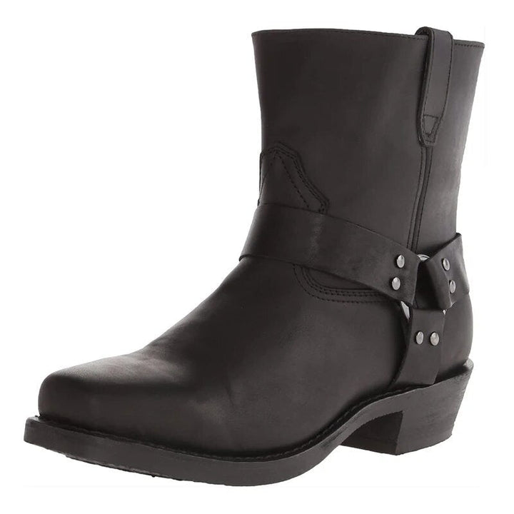 Men's western cowboy boots with side straps, metal studs and low block heel