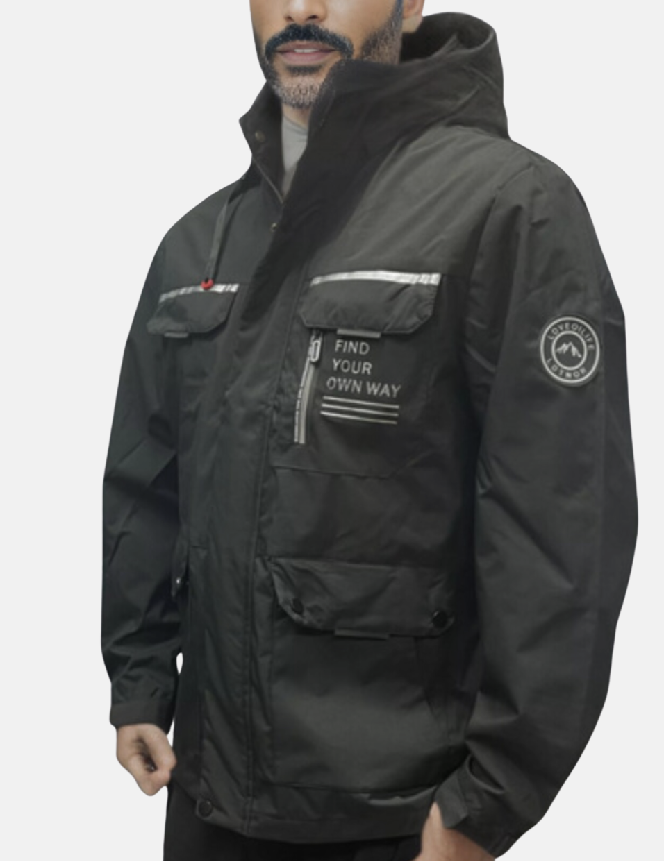 Men's white waterproof hooded jacket with chest pockets and snap buttons