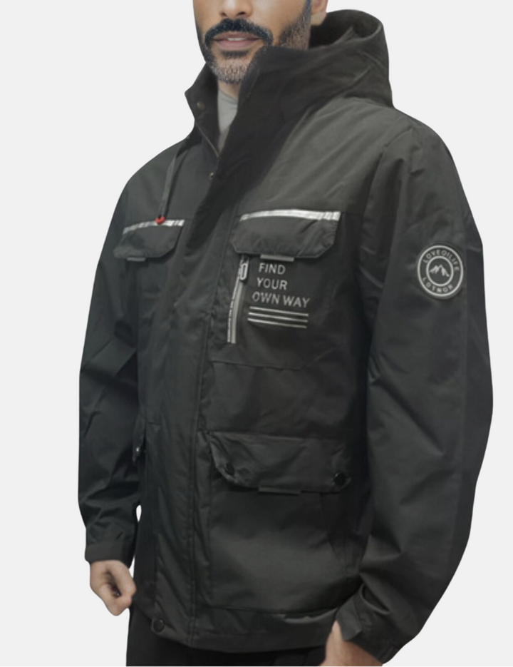 Men's white waterproof hooded jacket with chest pockets and snap buttons