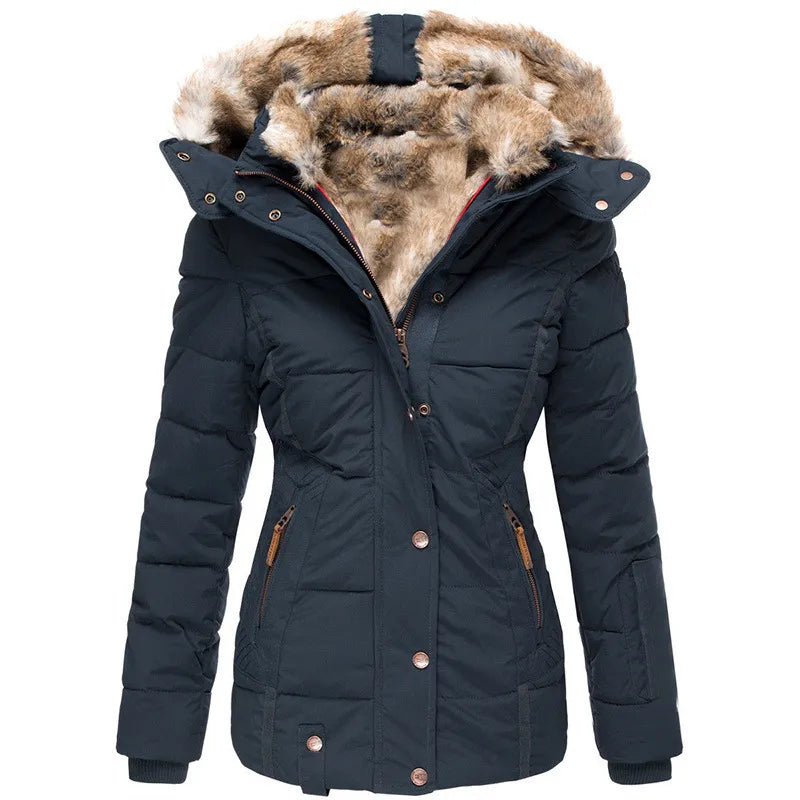Women's hooded puffer jacket with fur trim