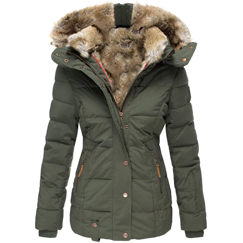 Women's hooded puffer jacket with fur trim