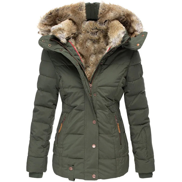 Women's hooded puffer jacket with fur trim