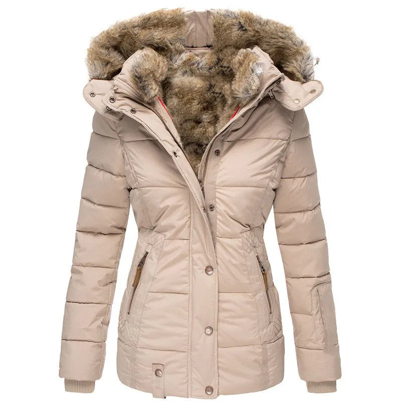 Women's hooded puffer jacket with fur trim