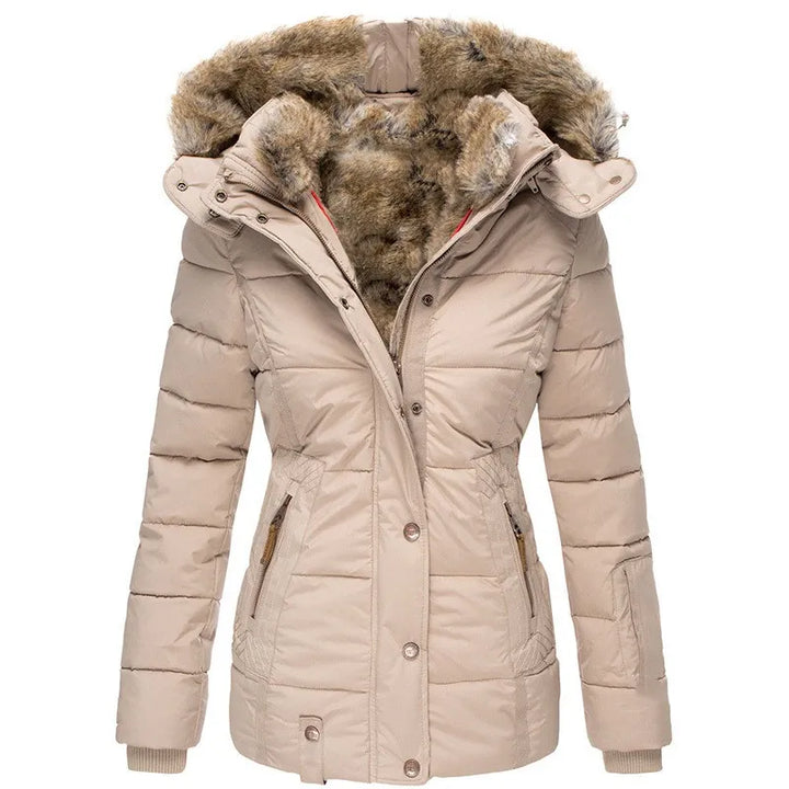 Women's hooded puffer jacket with fur trim