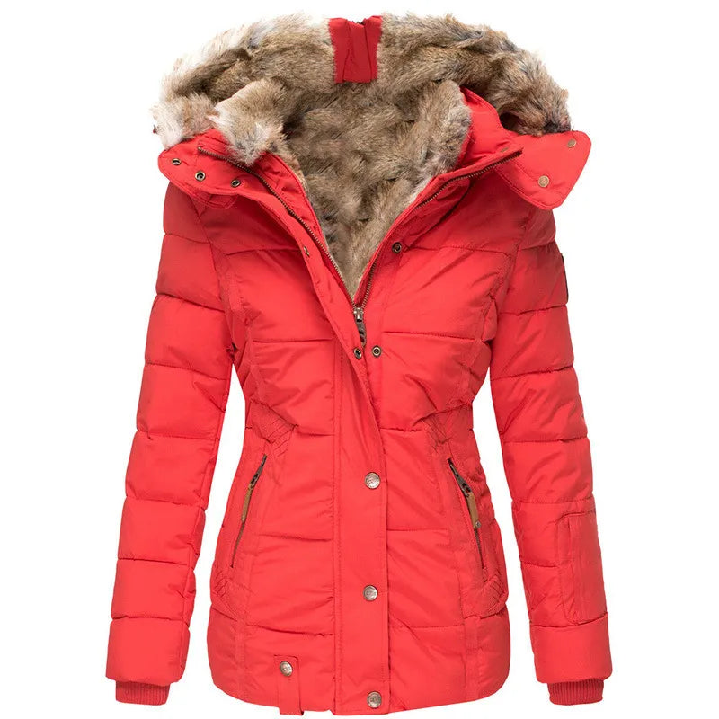 Women's hooded puffer jacket with fur trim