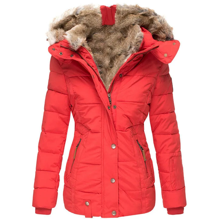 Women's hooded puffer jacket with fur trim