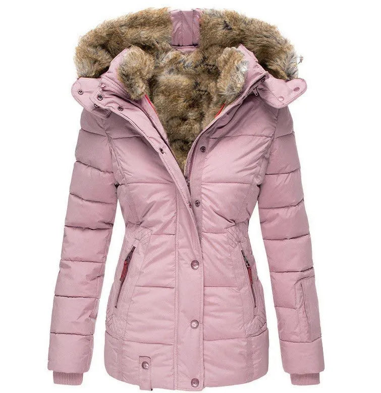 Women's hooded puffer jacket with fur trim