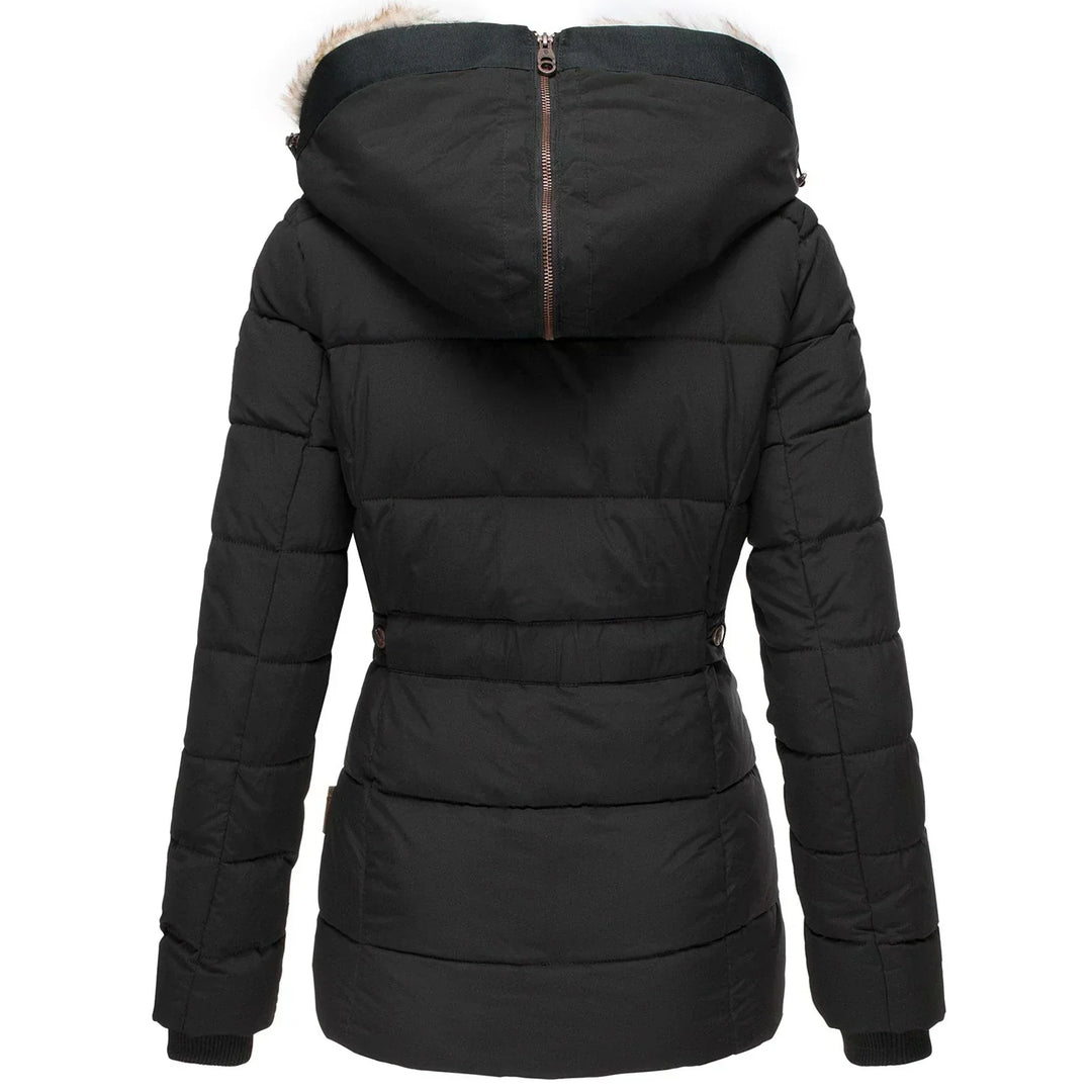 Women's hooded puffer jacket with fur trim