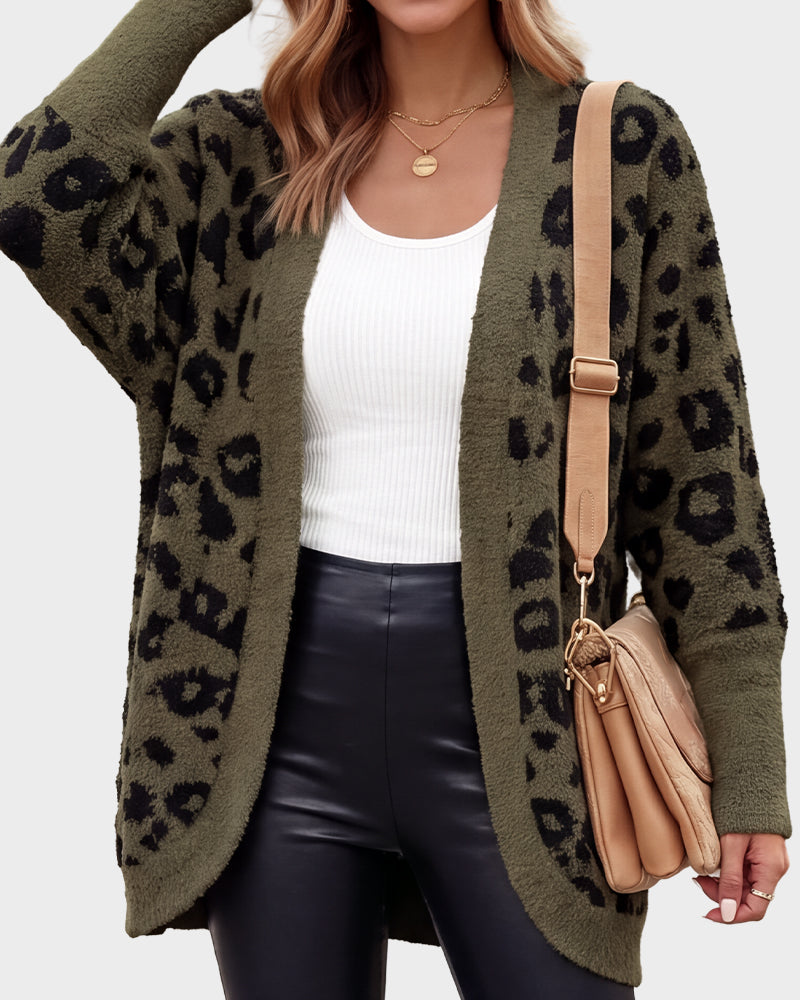 Women's leopard-print open-front knit cardigan with long sleeves