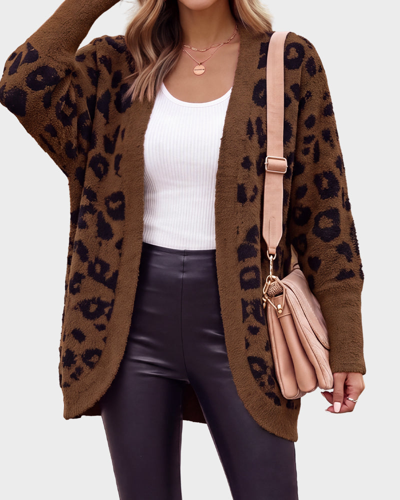 Women's leopard-print open-front knit cardigan with long sleeves