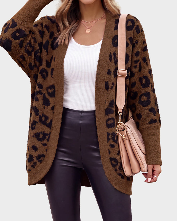 Women's leopard-print open-front knit cardigan with long sleeves