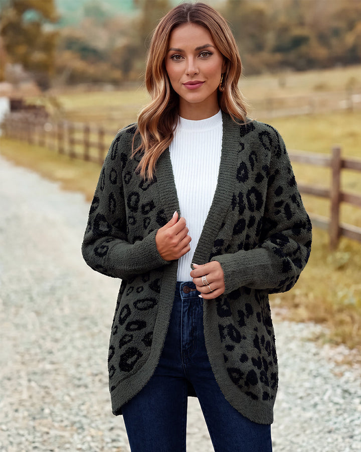 Women's leopard-print open-front knit cardigan with long sleeves