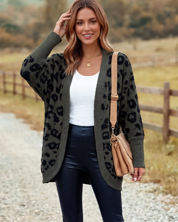 Women's leopard-print open-front knit cardigan with long sleeves