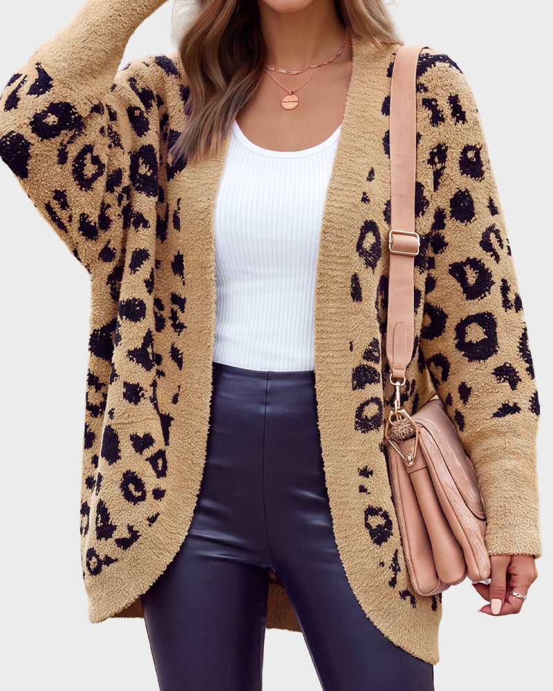 Women's leopard-print open-front knit cardigan with long sleeves