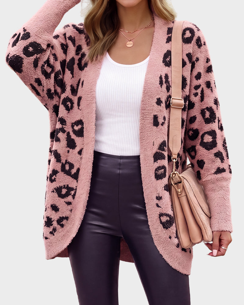 Women's leopard-print open-front knit cardigan with long sleeves