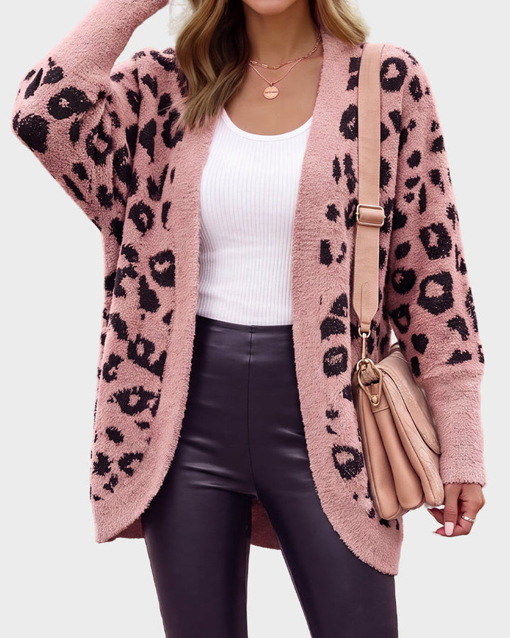 Women's leopard-print open-front knit cardigan with long sleeves