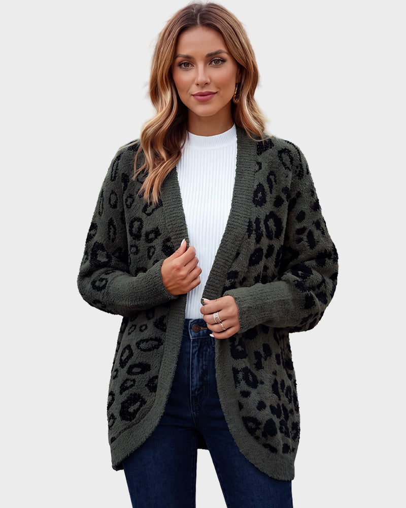 Women's leopard-print open-front knit cardigan with long sleeves