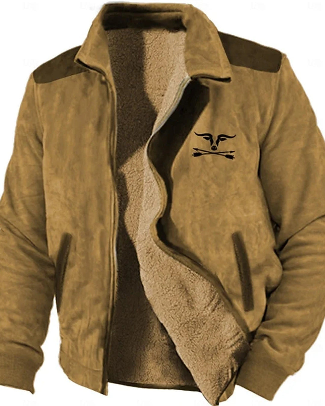 Men's textured lined jacket with stand collar, contrast shoulder panels and zip front