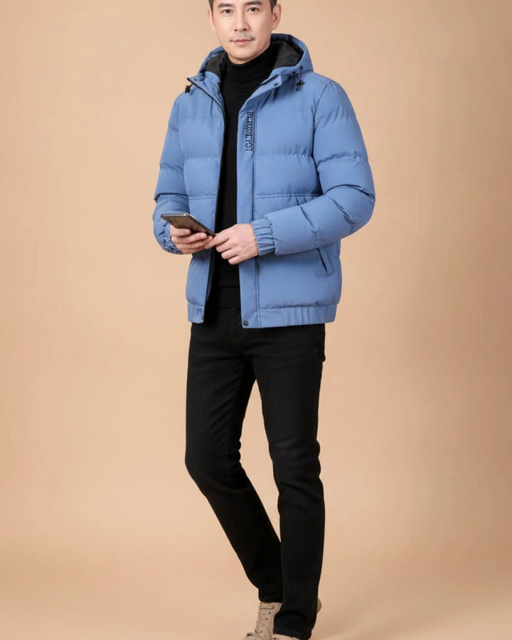 Men's hooded padded jacket with quilted panels and long sleeves