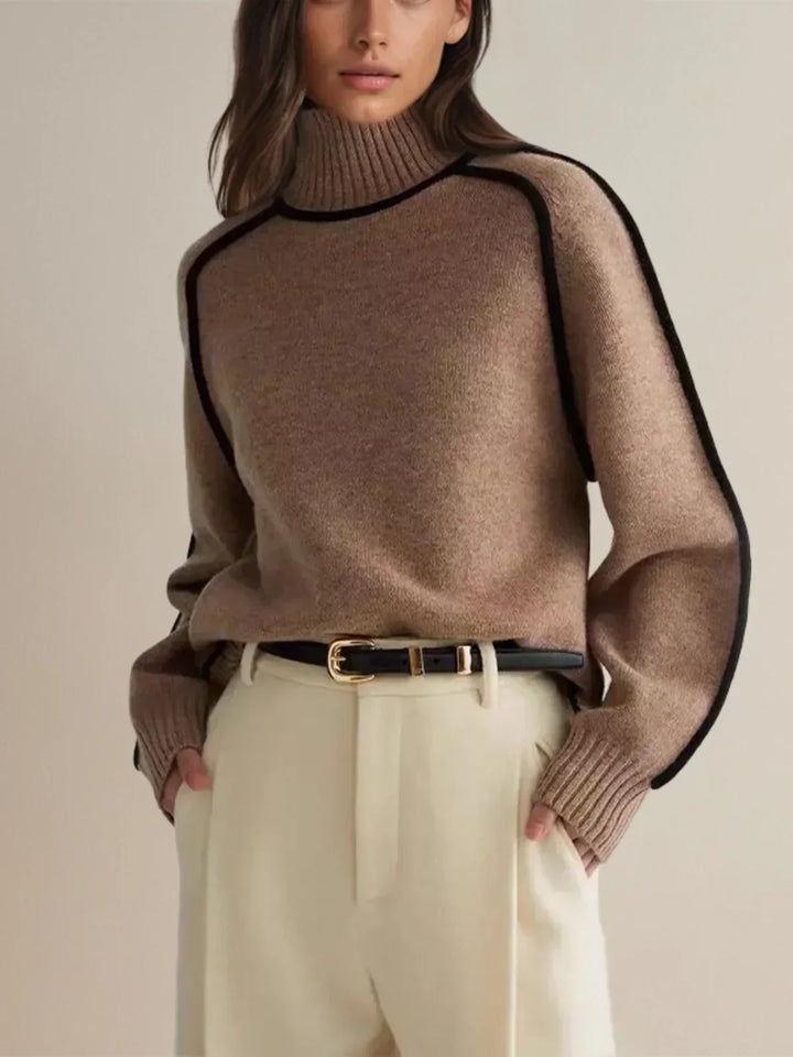 Women's oversized turtleneck jumper with contrast trim and long sleeves