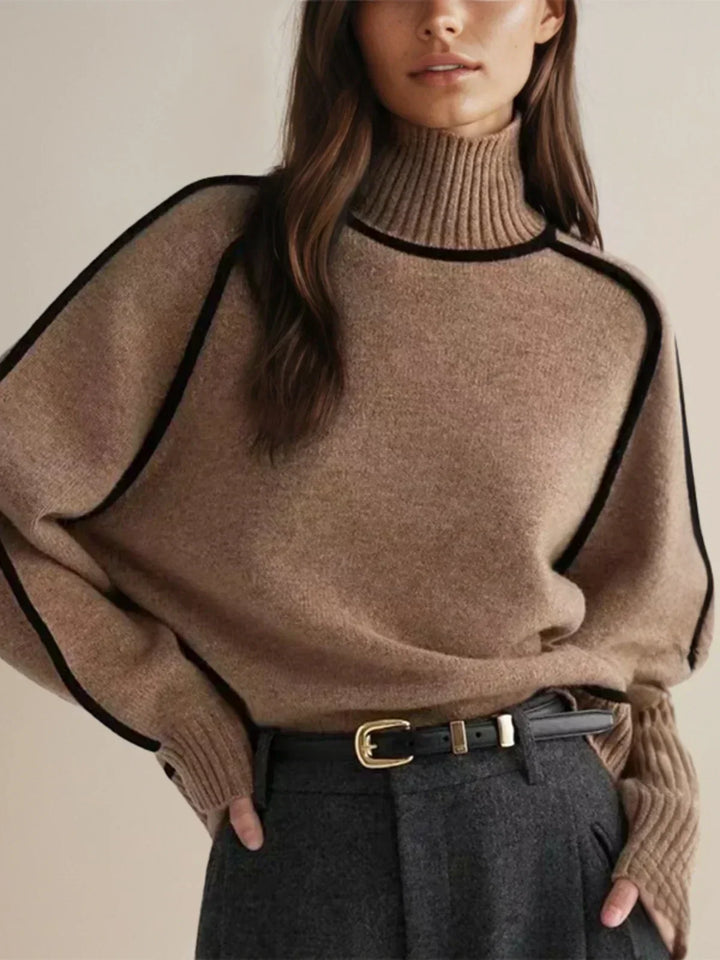 Women's oversized turtleneck jumper with contrast trim and long sleeves