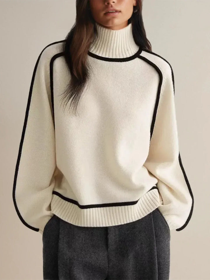 Women's oversized turtleneck jumper with contrast trim and long sleeves