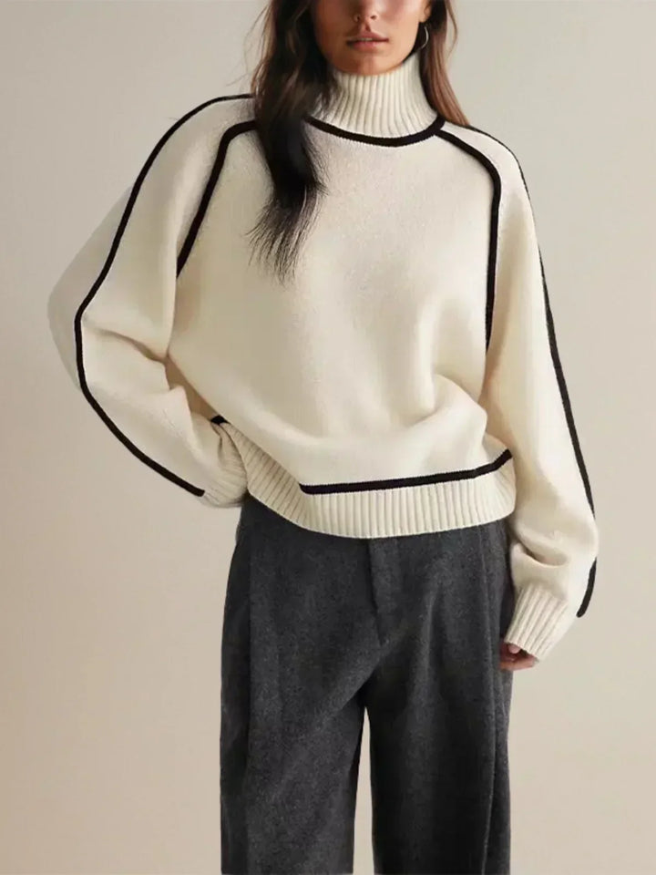 Women's oversized turtleneck jumper with contrast trim and long sleeves