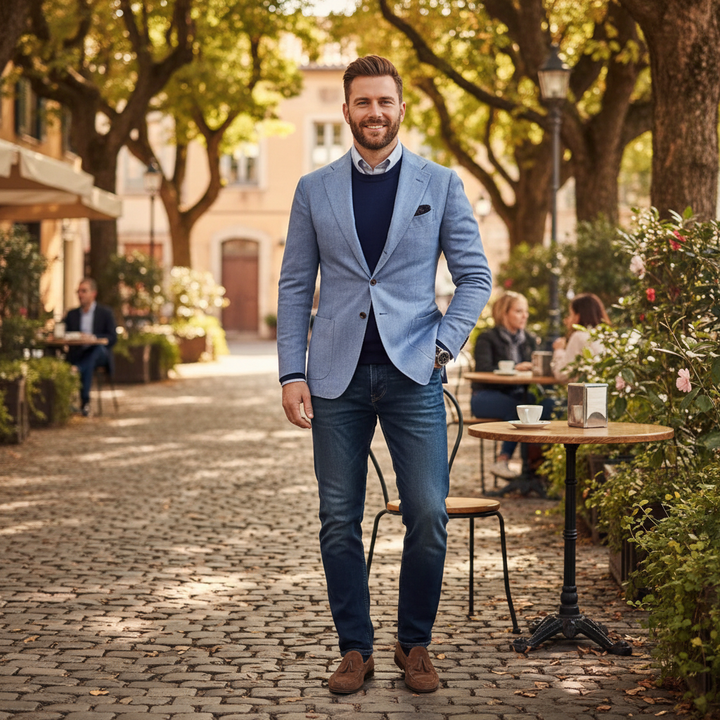 Men's long-sleeve blazer with notch lapels, button front, chest pocket and flap pockets