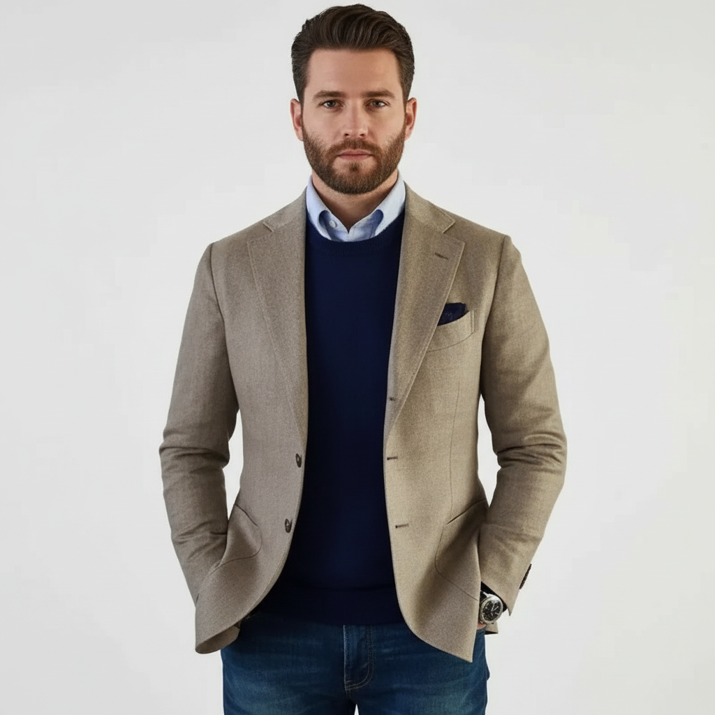 Men's long-sleeve blazer with notch lapels, button front, chest pocket and flap pockets