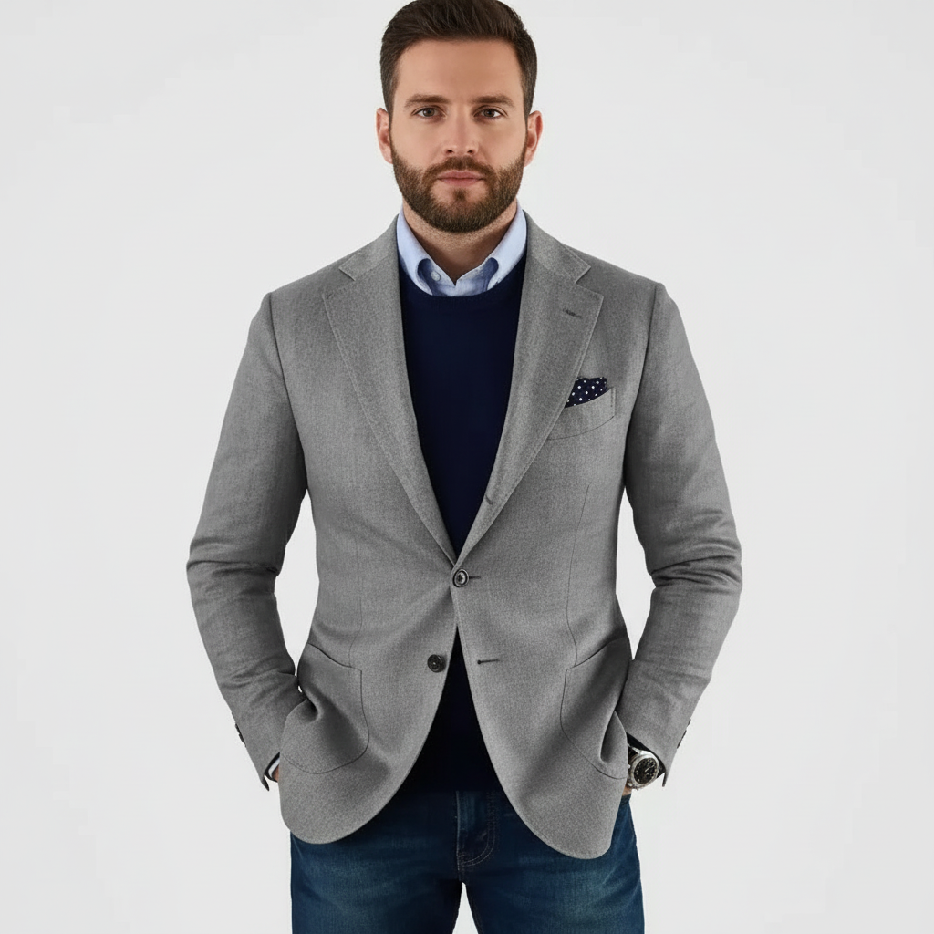 Men's long-sleeve blazer with notch lapels, button front, chest pocket and flap pockets