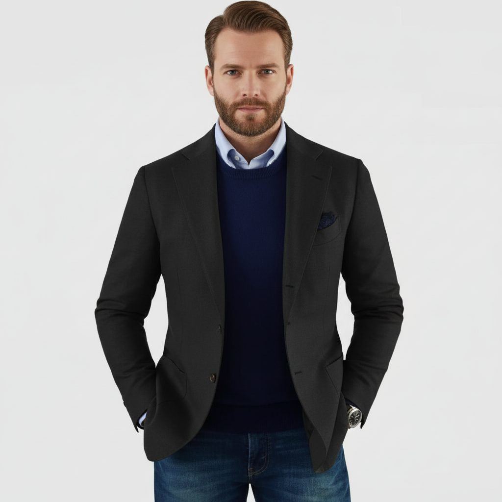 Men's long-sleeve blazer with notch lapels, button front, chest pocket and flap pockets